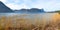 View from lakeside road to idyllic lake Mondsee, reed grass at the shore, austrian Mountains