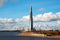 View of the Lakhta Center under construction and the park of the 300th anniversary of St. Petersburg on a solar autumn