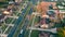 View from the landmark on a car driving through the empty streets of a small village on the outskirts of Illinois in the