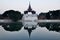 View landscape and ancient building fortresses and reflection on surface of water moat canal for burmese people and foreign