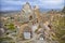 View landscape with ancient rock carved houses in Nevsehir turkish Kapadokya