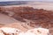 View of the landscape of the Atacama Desert. The rocks of the Mars Valley Valle de Marte and Cordillera de la Sal, Atacama