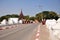 View landscape cityscape of mandalay city and street bridge cross water moat canal of Mandalay Palace for Burma people and foreign