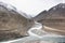 View landscape himalayas range mountain with Confluence of the Indus and Zanskar Rivers from on Srinagar highway while winter