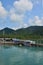 View landscape seascape and fishing boat ship floating in water sea waiting catch fish and marine life in ocean at fishing village