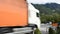 View landscape and traffic road on highway at countryside passed Oetztal tiroler village