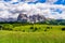 View of Langkofel group in Italian Dolomite Mountain and the Alpine Green Plateau Seiser Alm