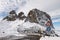 View of the Langkofel Mountain, Sassolungo from Passo Sella. Snow covere Mountain in the Dolomites. Sellajoch Road with warning