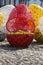 View of large Easter eggs with flowers at Easter time in Friedrichstadt on North Sea