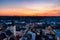 View on Latin cathedral and historic center of the Lviv at sunset. View on Lvov cityscape from the town hall