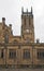 View of leeds minster with tower and architectural details from the street