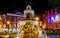 View of Leicester town hall square in the night decorated for Christmas time