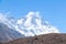 View of Lhotse mountain peak from Pheriche village in Himalayas