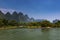 View of the Li River with the tall limestone peaks on the background near Yangshuo, China, Asia