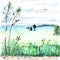 View of light whitish foggy summer field and forest house plants clouds sky dull trees grass road watercolor paint illustration