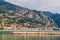 View of Ligurian Alps and Menton city from the Mediterranean Sea