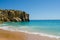 View of limestone cliffs of the Rabbit Beach Praia da Coelha in Albufeira, District Faro, Algarve, Southern Portugal