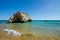 View of limestone cliffs of the Three Castles beach in Portimao, District Faro, Algarve, Southern Portugal