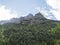 View on limestone moutain peaks and pine tree forest at Stubai Hohenweg, Alpine landscape of Tirol Alps, Austria. Summer