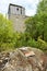 View into a limestone quarry with old ruin