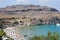 View of Lindos beach in August. Lindos, Rhodes Island, Dodecanese, Greece