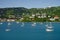 View of Long Bay, St. Thomas island, US Virgin Islands from water with multiple yachts and boats on the foreground