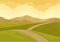 View on long ground road, green meadows and brown hills. Beautiful natural landscape. Flat vector design