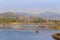 View of longest old wooden bridge on songkhalia river at sangklaburi, kanchanaburi, thailand