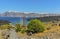 A view looking down towards the landing bay on the volcanic island of Nea Kameni, Santorini