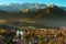 View of Los Dominicos neighborhood and Los Dominicos church with Los Andes Mountain Range as a backdrop