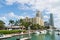 View of luxurious boats and yacht docked in a Miami South Beach Marina luxury life concept