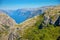 View of Lysefjord from footpath to preikestolen or pupit rock, Norway