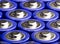 View macro of several AA blue batteries.