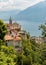 View of Madonna del Sasso Sanctuary in Orselina, above Locarno city and lake Maggiore, Switzerland