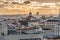 View of Madrid sunset skyline and tower of the The Royal Monastery of Santa Isabel .