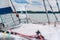 View from a main deck of sailboat on a lake. Summer vacations, cruise, recreation