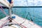 View from a main deck of sailboat on a lake. Summer vacations, cruise, recreation