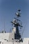 View of the main mast in a maritime action ship. Aerial and surface discovery radar. Navigation Radar, Fire Direction Radar,