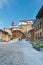 View of the main street in the swiss town Gruyeres decorated for