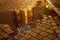 View of the majestic cathedral, Polish church in the reflection in the puddle at night