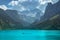 View of majestic mountains and lake in Europe.Nature getaway.Turquoise water of Gosau See,lake,Austria,Dachstein glacier in