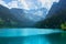 View of majestic mountains and lake in Europe.Nature getaway.Turquoise water of Gosau See,lake,Austria,Dachstein glacier in