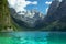 View of majestic mountains and lake.Nature getaway. Turquoise water of Gosau See,lake,Austria,Dachstein glacier in background.