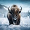 view Majestic snowy bison stands against a serene snowy background