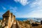 View of Malaga port. Walls of courtyard of Castillo de Gibralfaro