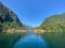 View of Malibu Rapids, entrance to Princess Louisa Inlet in British Columbia, Canada with a view of Malibu Lodge