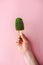 View of man holding cactus plant on wooden stick on pink, ice cream concept