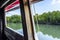 View of mangroves from open long-tail boat windows in Thailand