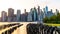 View of Manhattan skyline and Brookyn bridge from Brooklyn side after sunset , New york city