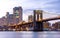 View of Manhattan skyline and Brookyn bridge from Brooklyn side after sunset , New york city